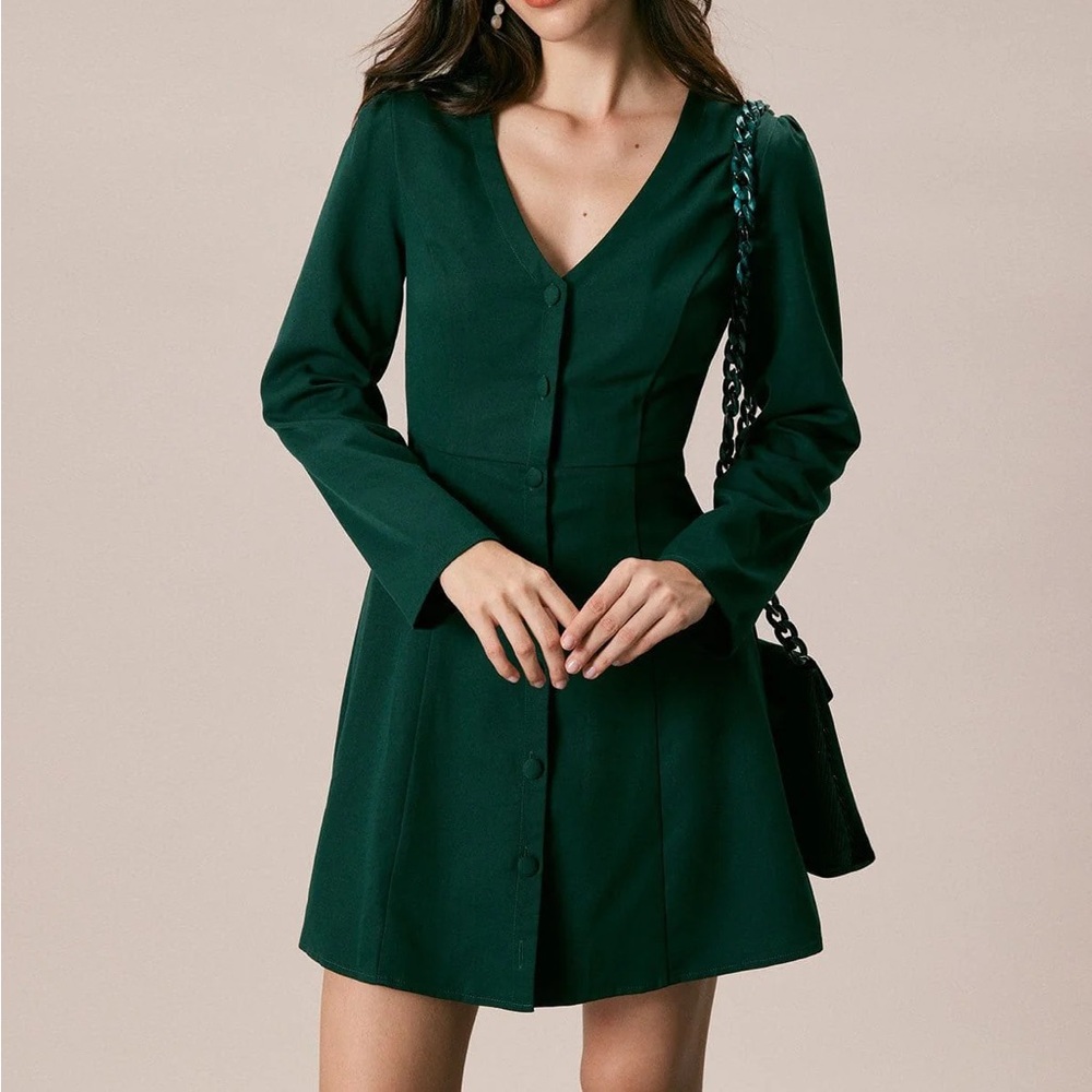 Rihoas The Green V Neck Button Shirt Mini Dress